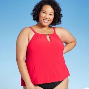 Aqua Green Red and Black Bikini Top with High Neckline